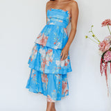 Outshine Strapless Tiered Midi Dress Floral Blue