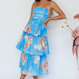 Outshine Strapless Tiered Midi Dress Floral Blue