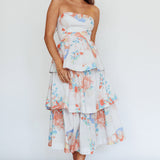 Outshine Strapless Tiered Midi Dress Floral Peach