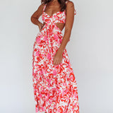 Sun Seeker Tied Shoulder Cut-Out Maxi Dress Floral Red
