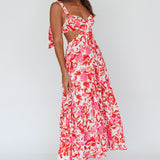 Sun Seeker Tied Shoulder Cut-Out Maxi Dress Floral Red