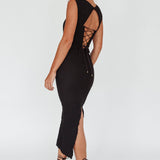 Osaka Lace-Up Back Midi Dress Black