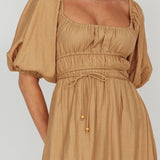 Lille Puff Sleeve Midi Dress Latte