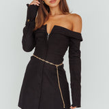 Tamra Long Sleeve Off-Shoulder Zip Dress Black
