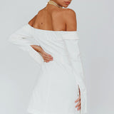 Tamra Long Sleeve Off-Shoulder Zip Dress White