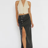 Angelica Button-Up Faux Leather Midi Skirt Black
