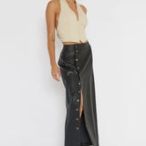 Angelica Button-Up Faux Leather Midi Skirt Black