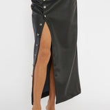 Angelica Button-Up Faux Leather Midi Skirt Black