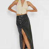 Angelica Button-Up Faux Leather Midi Skirt Black