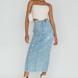 Angelica Side Button-Up Midi Skirt Denim