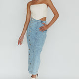 Angelica Side Button-Up Midi Skirt Denim