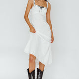 Sunbeam Eyelet Embroidery Bow Midi Dress White