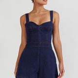 Tease Me Sweetheart Neckline Denim Romper Indigo
