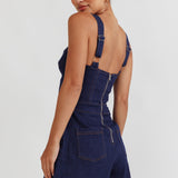 Tease Me Sweetheart Neckline Denim Romper Indigo