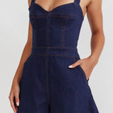 Tease Me Sweetheart Neckline Denim Romper Indigo