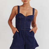 Tease Me Sweetheart Neckline Denim Romper Indigo