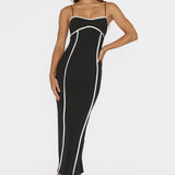 Justyna Contrast Piping Trim Midi Dress Black