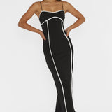 Justyna Contrast Piping Trim Midi Dress Black