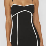Justyna Contrast Piping Trim Midi Dress Black