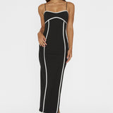 Justyna Contrast Piping Trim Midi Dress Black
