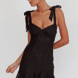 Emine Bow Shoulder Lace Mini Dress Black