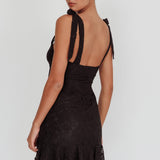 Emine Bow Shoulder Lace Mini Dress Black