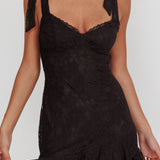 Emine Bow Shoulder Lace Mini Dress Black