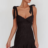 Emine Bow Shoulder Lace Mini Dress Black