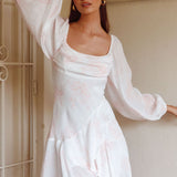 Beaujolais Long Sleeve Cowl Neckline Ruffle Mini Dress Floral Blush