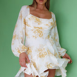 Beaujolais Long Sleeve Cowl Neckline Ruffle Mini Dress Floral Yellow