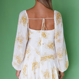Beaujolais Long Sleeve Cowl Neckline Ruffle Mini Dress Floral Yellow