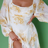 Beaujolais Long Sleeve Cowl Neckline Ruffle Mini Dress Floral Yellow