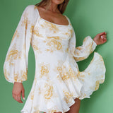 Beaujolais Long Sleeve Cowl Neckline Ruffle Mini Dress Floral Yellow