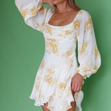 Beaujolais Long Sleeve Cowl Neckline Ruffle Mini Dress Floral Yellow