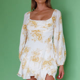 Beaujolais Long Sleeve Cowl Neckline Ruffle Mini Dress Floral Yellow