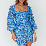 Beaujolais Long Sleeve Ruched Mini Dress Floral Blue