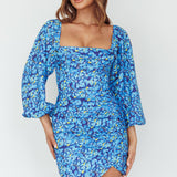 Beaujolais Long Sleeve Ruched Mini Dress Floral Blue