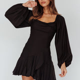 Beaujolais Long Sleeve Cowl Neckline Ruffle Satin Mini Dress Black