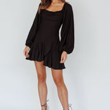 Beaujolais Long Sleeve Cowl Neckline Ruffle Satin Mini Dress Black