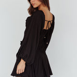Beaujolais Long Sleeve Cowl Neckline Ruffle Satin Mini Dress Black