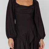 Beaujolais Long Sleeve Cowl Neckline Ruffle Satin Mini Dress Black