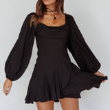 Beaujolais Long Sleeve Cowl Neckline Ruffle Satin Mini Dress Black