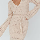 Wander Lust Long Sleeve Crochet Mini Dress Sand