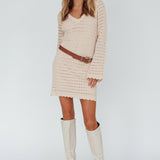 Wander Lust Long Sleeve Crochet Mini Dress Sand