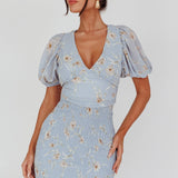 La Nena Shirred Mini Dress Floral Blue