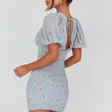 La Nena Shirred Mini Dress Floral Blue
