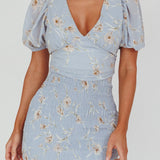 La Nena Shirred Mini Dress Floral Blue