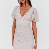 La Nena Shirred Mini Dress Floral Blush