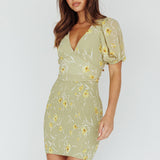 La Nena Shirred Mini Dress Floral Green