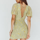 La Nena Shirred Mini Dress Floral Green